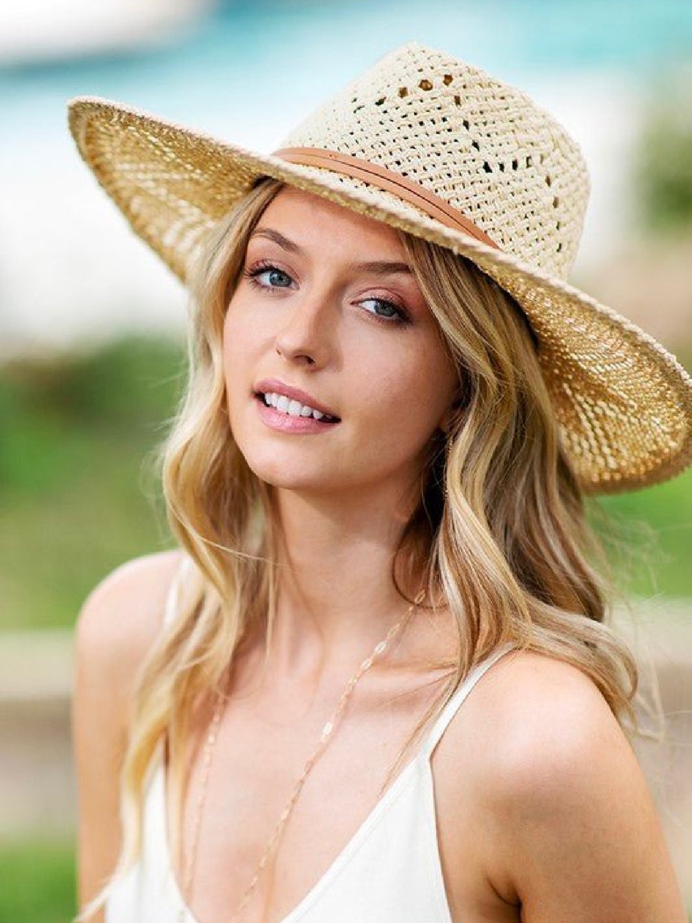 Wide-Brim Straw Sun Hat with Tan Band